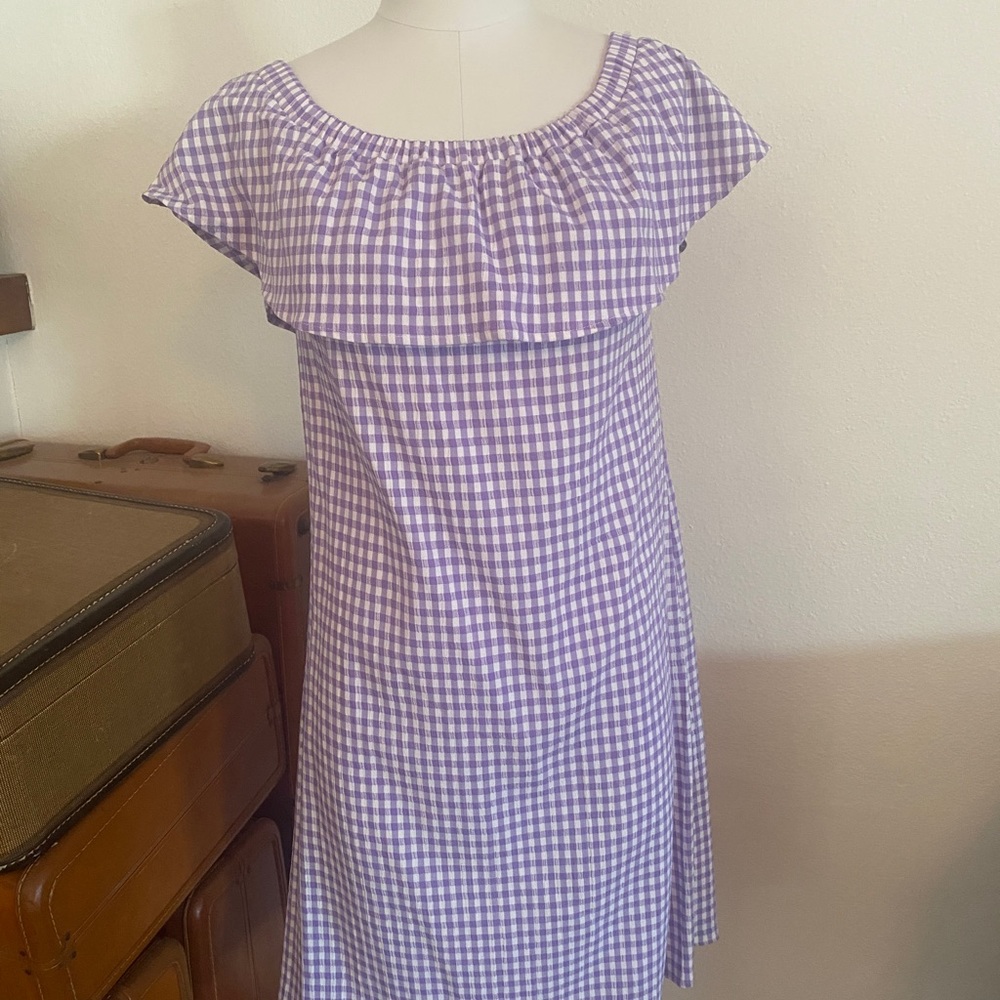 Melly M New Purple & White Gingham Off Shoulder Mini Dress Retro Golf Dress